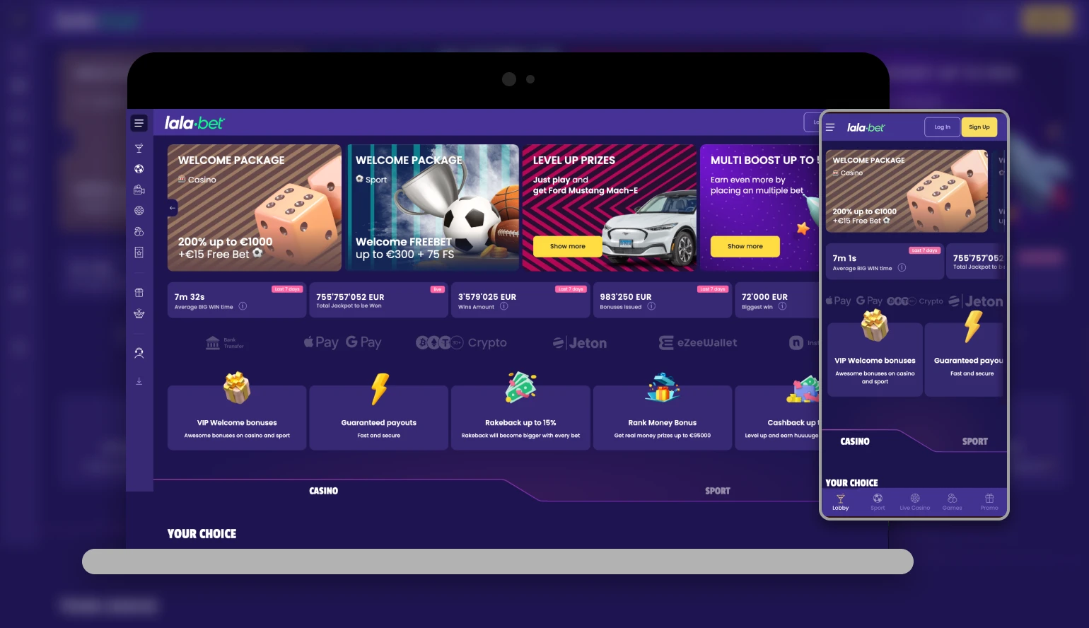 LalaBet casino homepage screenshot